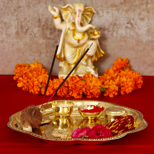 Brass Embossed Swastika Puja Thali Set